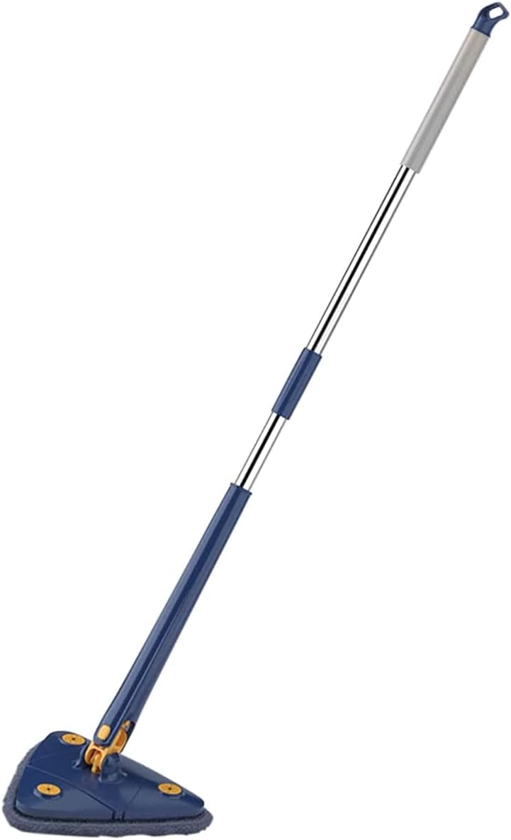 Rotating Triangle Mop with 2 Microfiber Heads, 360° Self-Squeezing Floor Mop for Wet and Dry Use, Foldable, Extendable Handle, Super Absorbent for Hardwood, Tile, Kitchen (Blue)