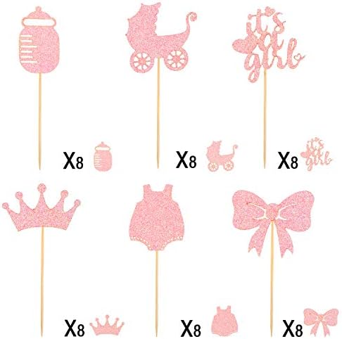 48 Pieces Baby Shower Cupcake Toppers for Girls Glitter Pink Baby Girl Food Picks Baby Shower Toothpicks for Girls Birthday Cake Decorations Party Favors Supplies