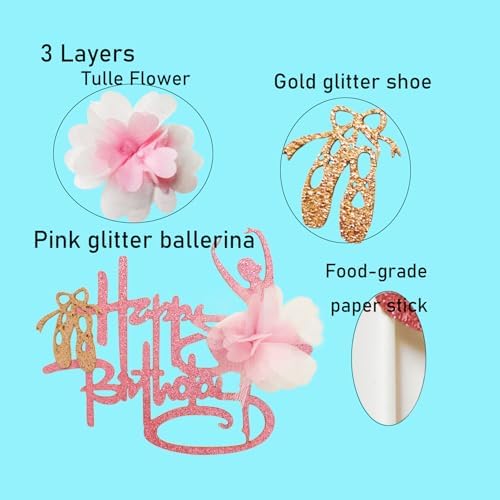 Pink Glitter Flower Tutu Ballerina Happy Birthday Cake Topper - Gold Glitter Ballet slippers Pointe Shoes Dancer Centerpiece Decoration for Ballet Theme Birthday Party Supplies.