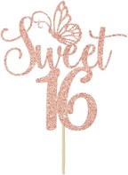 Sweet 16 Cake Topper, Happy 16th Birthday Cake Topper, Happy Sweet Sixteen Cake Decorations, 16th Birthday Party Decorations (Rose Gold Glitter)