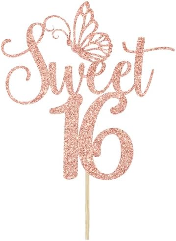 Sweet 16 Cake Topper, Happy 16th Birthday Cake Topper, Happy Sweet Sixteen Cake Decorations, 16th Birthday Party Decorations (Rose Gold Glitter)