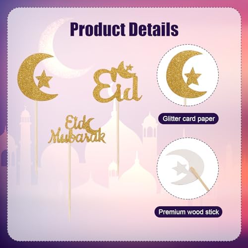 24pcs Eid Mubarak Cupcake Toppers, Glitter Gold Moon Star Cake Topper Ramadan Kareem Cake Topper Cupcake Picks Mubarak Decorations for Islamic Muslim Theme Party