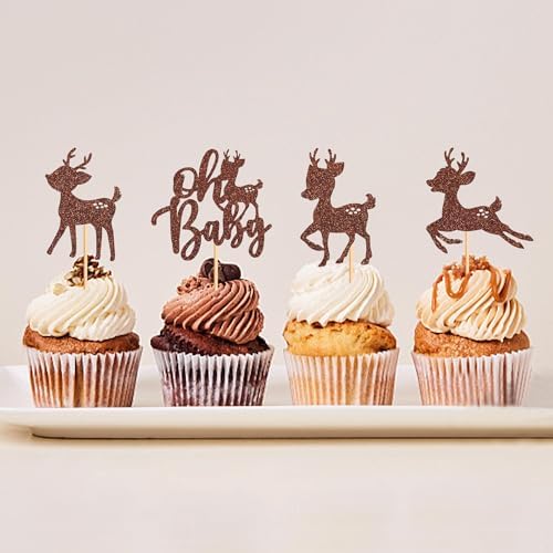 Ercadio 36 Pack Deer Cupcake Toppers Brown Glitter Deer Oh Baby Cupcake Toppers Deer Cupcake Picks for Christmas Theme Deer Birthday Baby Shower Cake Decoration Supplies
