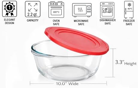 Ums 2.2 Quart Round Glass Baking Dish with Lid, Round Casserole Dishes for Oven with Lids, Borosilicate Glass Casserole Dish, Covered Casserole Dish with Lid, Food Storage Containers with Lids, Glass Storage Containers with Lids