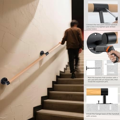 7 FT Wooden Stairs Handrails Wall Mount- Metal Support Wood Staircase Handrails, Interior Stair Railings, Banister Hand Railing, Outdoor Grab Bars Safety Handle for Elderly or Handicap