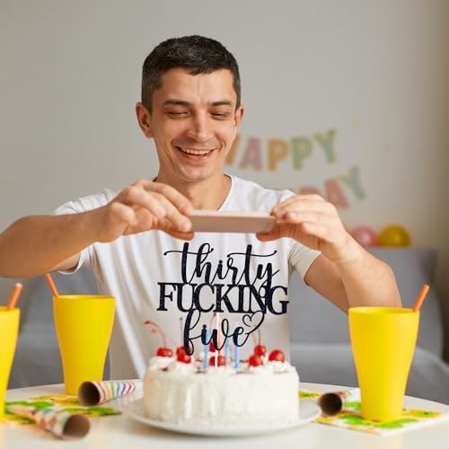 Black Glitter Thirty Fucking Five Cake Topper, Happy 35th Birthday/Cheers to 35 Years, Funny 35th Birthday Party Decorations Supplies for Women Men