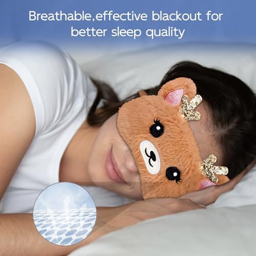 Cute Animal Sleeping Mask Sleep Mask, Xmas Reindeer Soft Plush Eye Mask for Travel Nap Funny Rudolph Blindfold Eye Cover Eyeshade for Adult Kids Girls Teens Men Women - Reindeer, Gold & Brown
