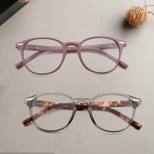 2 Pack Retro Round Reading Glasses for Women Men, Blue Light Blocking Circled Readers Eyewear with Spring Hinge