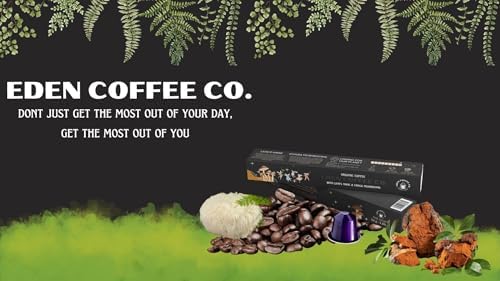 Eden Coffee Organic Capsules Compatible with Nespresso with Lion's Mane and Chaga Mushrooms - Brain & Immune Support - Vegan & Keto - Antioxidants & Superfoods - 3 Pack 30 Count