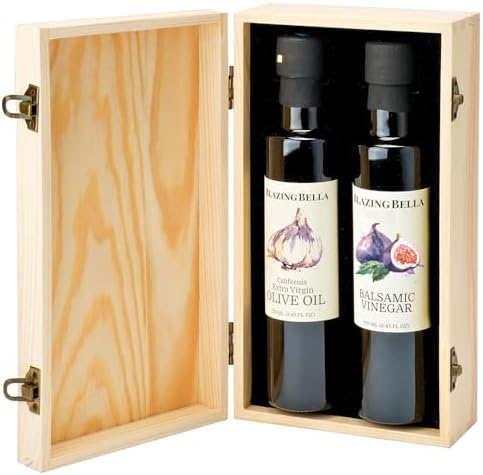 Blazing Bella Fig Balsamic and Garlic Olive Oil Gift Set, 2 x 250ml Bottles in Signature Wooden Box, Premium Barrel Aged Balsamic from Modena and California Extra Virgin Olive Oil