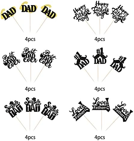 24 Pack Happy Father's Day Cupcake Toppers Glitter Best Dad Ever Cupcake Picks Love Father #1 Dad Tie Moustache Hat Glass Tool Cake Decorations for Happy Father's day Theme Men Birthday Party