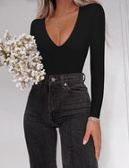 SAUNGKUAI Women's Plunge Deep V Neck Long Sleeve Bodysuit Double Lined Thong Body Suit Shirt Tops
