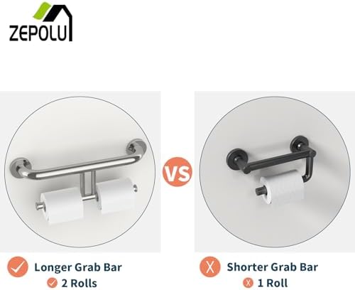 Polished Chrome Grab Bar for Bathroom 17 Inch, Zepolu Stainless Steel 2-in-1 Safety Handrail w/Double Toilet Paper Holder, Wall Mounted Balanced Support Bar Assist Handle for Senior Elderly Handicap