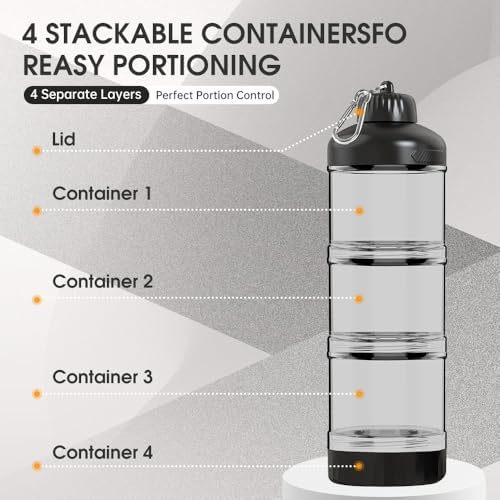 3-Layer Protein Powder Container with Funnel & Keychain, 50g Capacity Portable Supplement Dispenser, Leakproof Clear Stackable Organizer for Gym Travel Workout, BPA-Free Plastic (Black)