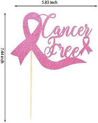 Cancer Free Cake Topper, Breast Cancer Awareness Cake Decor, Breast Cancer Pink Ribbon Sign Survivor Party Decoration Supplies - Pink Glitter
