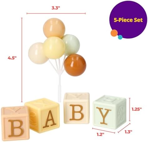 DecoSet Timeless Baby Blocks Cake Topper, Baby Shower Cake Decoration, 5 Piece Celebration Decoration With Blocks & Balloons For Girl or Boy 1st Birthday