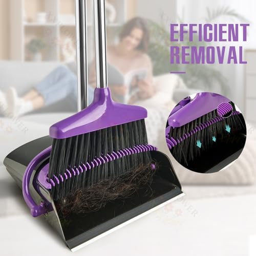 Broom and Dustpan Set with Long Handle, Light Weight Stainless Steel Poles Stand Upright Dustpans with Broom Combo for Home Kitchen Office Pet Dog Hair, 1-Pack (Purple)
