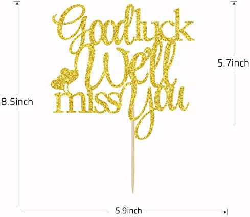 Good Luck We Will Miss You Cake Topper - Graduation, Retirement, Going Away, Relocation, Office Work, Farewell Party Decorations (Gold Glitter)