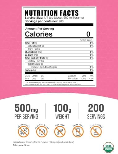 BulkSupplements.com Organic Stevia Powder - Pure Sweetener, Sourced from Stevia Leaves, Herbal Supplement - Vegan & Gluten Free, 500mg per Serving, 100g (3.5 oz) (Pack of 1)