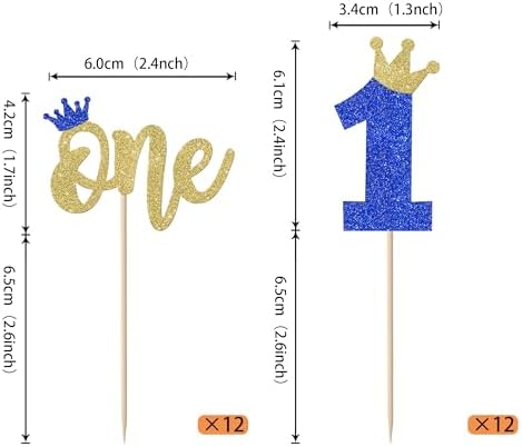 Rsstarxi 24 Pack One Cupcake Toppers Glitter First Birthday Cupcake Pick Decorations Crown Cake Decorations for Baby Shower Party Decorations Blue Gold