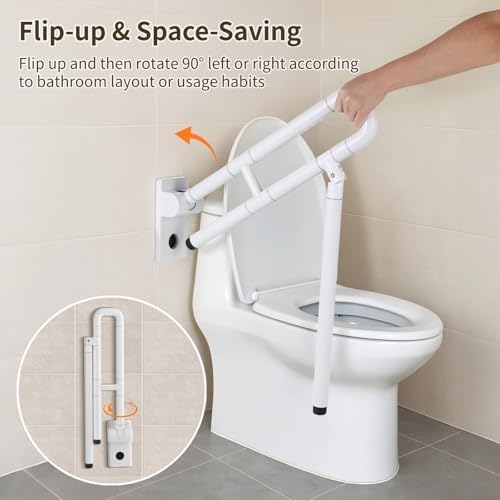 Toilet Safety Rail – Non-Slip Bathroom Grab Bar for Elderly, Disabled & Seniors – Stainless Steel Support Handrail with Non-Slip Grip & Support Leg（White）