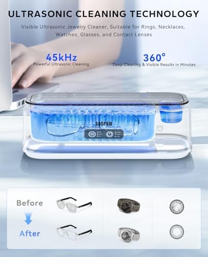 SUNPOW Ultrasonic Jewelry Cleaner Machine– Dual Chambers for Contact Lenses & Jewelry, 45kHz Sonic Cleaner for Silver & Gold, Rings, Earrings, Glasses, Watches, Necklaces – Quiet 45dB, Deep Cleaning
