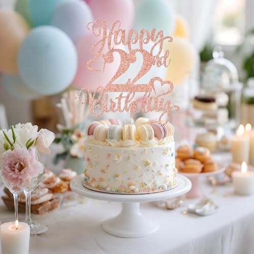 Happy 22nd Birthday Cake Topper, Cheers to 22 Years, Hello 22, 22nd Birthday Anniversary Party Decorations, Rose Gold Glitter