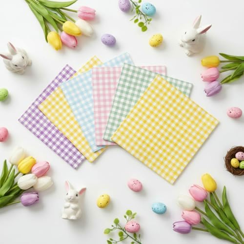80 Pcs Gingham Napkins, 6.5X6.5 Inch Easter Paper Napkins Disposable Yellow and White Plaid Napkin for Spring, Masters Party, Picnic