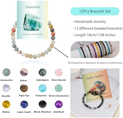 BOMAIL 12Pcs Gemstone Stretch Bracelets for Women 6mm Natural Stone Healing Crystal Beaded Bracelet Set Handmade Gemstone Reiki Spiritual Jewelry Gifts with Meaning Card