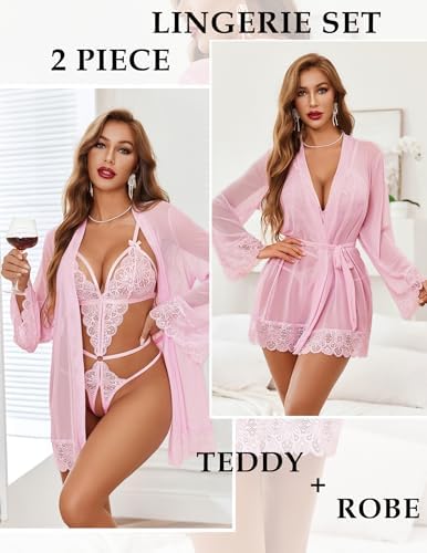 Avidlove Women Sexy Lingerie Set 2 Piece Lace Teddy with Mesh Kimono Robe Bodysuit Nightgown