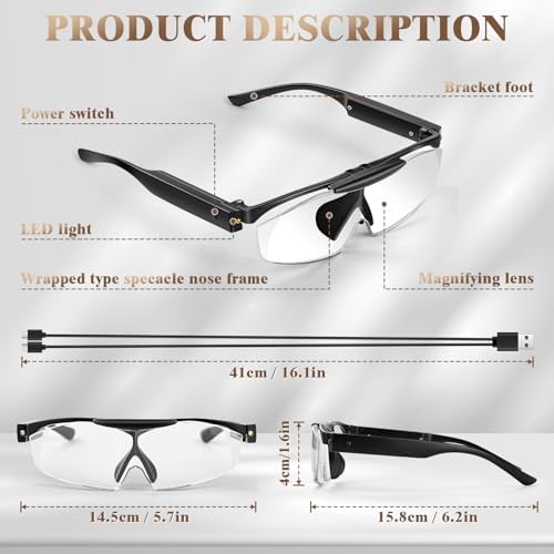 200% Magnifying Glasses with Light, Rechargeable LED Lighted Magnifying Eyewear,Flip-top Hands Free Head Magnifier Eyeglasses for Close Work,Hobbies,Reading,Craft,Jewellery,Sewing Black