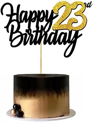 Happy 23rd Birthday Cake Toppers Glitter 23rd Anniversary Cake Topper 23 Years Loved Bday Decorations 23 Gold Birthday Cake Decorations Twenty-three Party Supplies for Women Men(Black Gold)