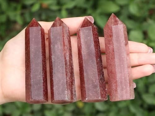 LAIDANLA Strawberry Quartz Healing Crystals Wands 3.5-4" Natural Reiki Energy Wand Stone Hexagonal Point Large Crystal Gemstones for Meditation Therapy Crystal Grid Decoration 1Pcs