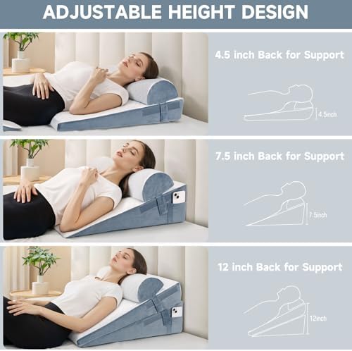 Bed Wedge Pillow for Sleeping, 3 Pcs Adjustable Height 4.5&7.5&12 Inch Triangle Pillow Wedge for Post Surgery, Acid Reflux, Snoring, Legs Pain Relief (Gray)