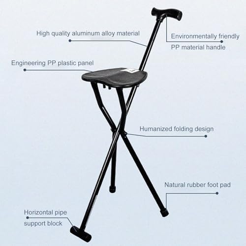 Walker with Seat Cane Chair 300 Lbs Crutch Stool with Seat Lightweight Folding Walking Stick Chair Portable Cane for Senior Elderly Camping Hiking Black