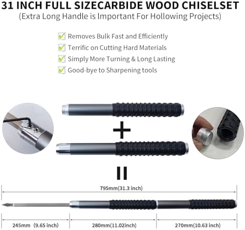 RUITOOL Carbide Wood Lathe Turning Tools Set with Bowl Sander, Including Swan Neck Hollower, Rougher, Finisher, Detailer, 1" & 2" Mandrels, Sandpapers and Aluminum Alloy Handles for Woodturning