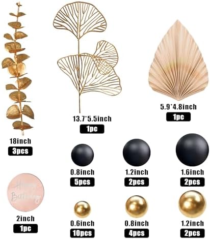 Boho Cake Topper Happy Birthday Cake Decorations with Balls Eucalyptus for Wedding Birthday Supplies (Black)