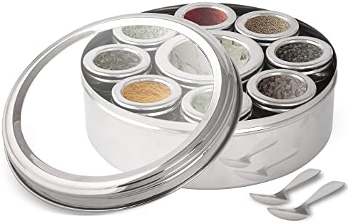 Large Spice Container Masala Dabba With 9 Compartments, Masala Box, Spice Container Box, Stainless Steel Spice Box Indian Masala Dabba with Transparent Lid