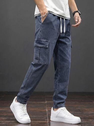 JMIERR Men's Elastic Waist Cargo Jeans Stretch Denim Pants with Drawstring Relaxed Fit for Casual Daily Wear