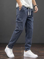 JMIERR Men's Elastic Waist Cargo Jeans Stretch Denim Pants with Drawstring Relaxed Fit for Casual Daily Wear