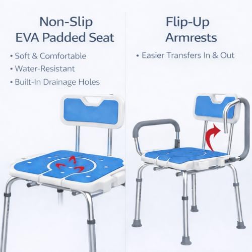 Shower Chair and Commode Combo with Flip-Up Armrests, Adjustable Bath Seat with Hole, Rust-Resistant Non-Slip Bathroom Bench for Seniors and Adults, White & Blue