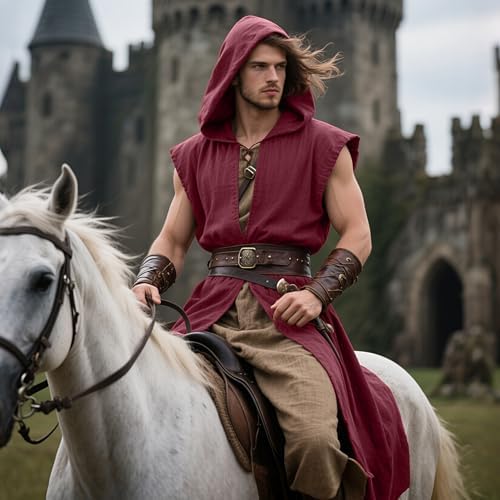 L'VOW Men's Medieval Hooded Surcoat Renaissance Tabard Sleeveless Tunic Cloak Viking Costume Holloween Assassin Cosplay