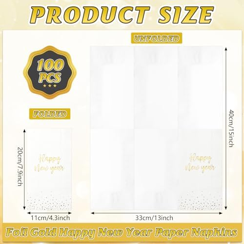 100Pcs Happy New Year Napkins, White Gold Foil Disposable Paper Napkins, Paper Hand Towels Cocktail Napkins for Christmas 2026 New Year's Eve Party Decoration and Supplies, 7.9 x 4.3 Inch