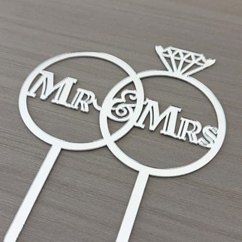 Diamond Ring, Mr & Mrs Cake Topper, Bride and Groom Cake Topper, Wedding Anniversary Bridal Shower, Engagement Decorations, Wedding Party Decorations Supplies, Mirror Silver Acrylic