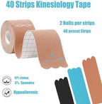 2 Rolls Kinesiology Tape Precut Strips Elastic Muscle Tape for Knee, Shoulder, Feet, 40 Count Waterproof & Breathable Sport Tape for Muscle Pain Relief and Joint Support (Mix)