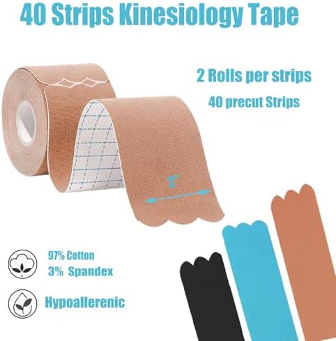 2 Rolls Kinesiology Tape Precut Strips Elastic Muscle Tape for Knee, Shoulder, Feet, 40 Count Waterproof & Breathable Sport Tape for Muscle Pain Relief and Joint Support (Mix)