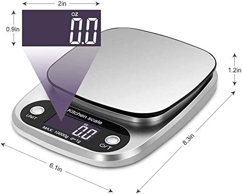 GeRRiT Kitchen Scales Digital,10kg/1g Electronic Baking & Cooking Scale with LCD Display Silver,Stainless Steel Scale, Tare Function, 4 Unit(G/ML/OZ/LB.OZ)
