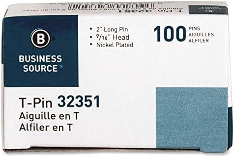 Business Source Steel T-pins - 0.56" Head - 2" Length x 0.6" Width - Silver - Steel - 100 / Box, Sold as 10 Pack