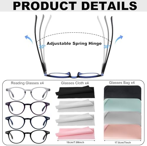 4 Pack Progressive Multifocus Reading Glasses for Women, Men Blue Light Blocking Eyeglasses with Spring Hinge Reader