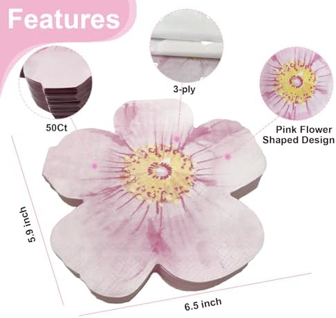 Ottin 50ct 3-Ply Pink Wedding Paper Napkins – Pink Flower Shaped Party Napkins Perfect for Birthday, Bridal Shower, Bachelorette,Wedding, or Party Decorations, Disposable Cocktail Napkins